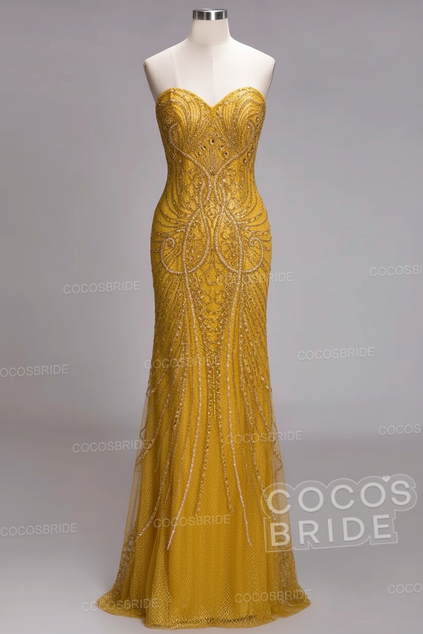 Mermaid Strapless Sweetheart Long Sequined Formal Evening Dresses with Beads