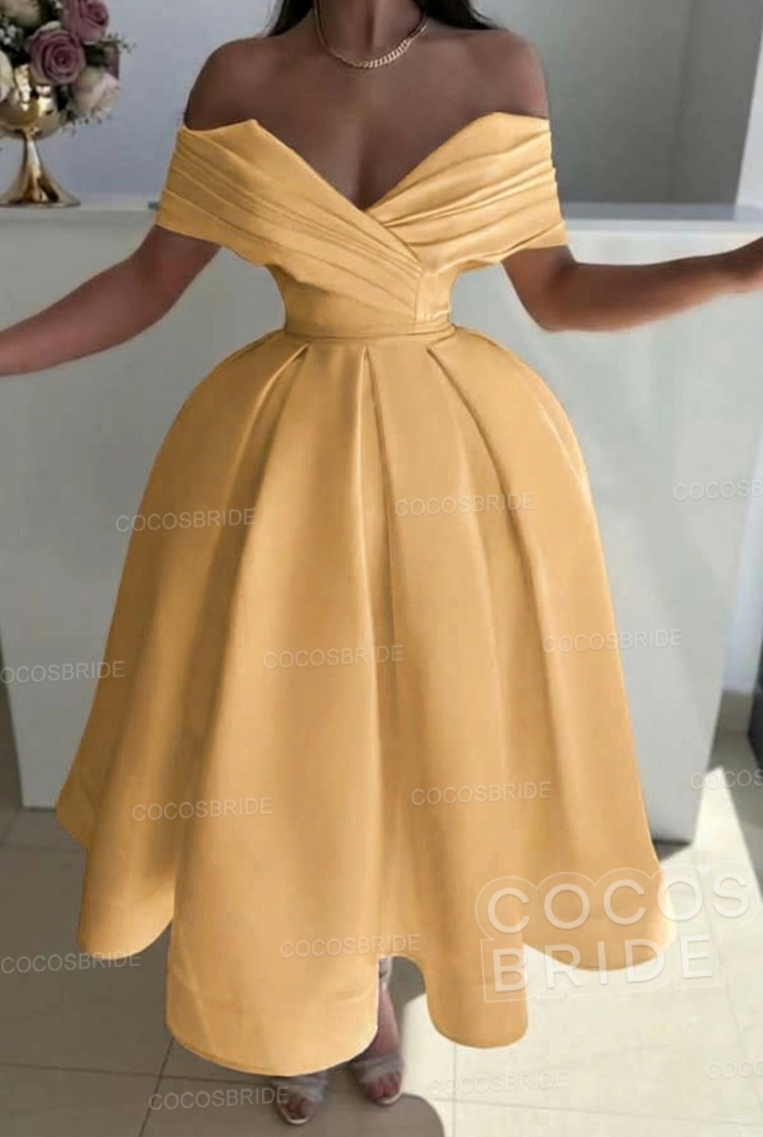 Off the Shoulder A-Line Satin Prom Dress with Pleated