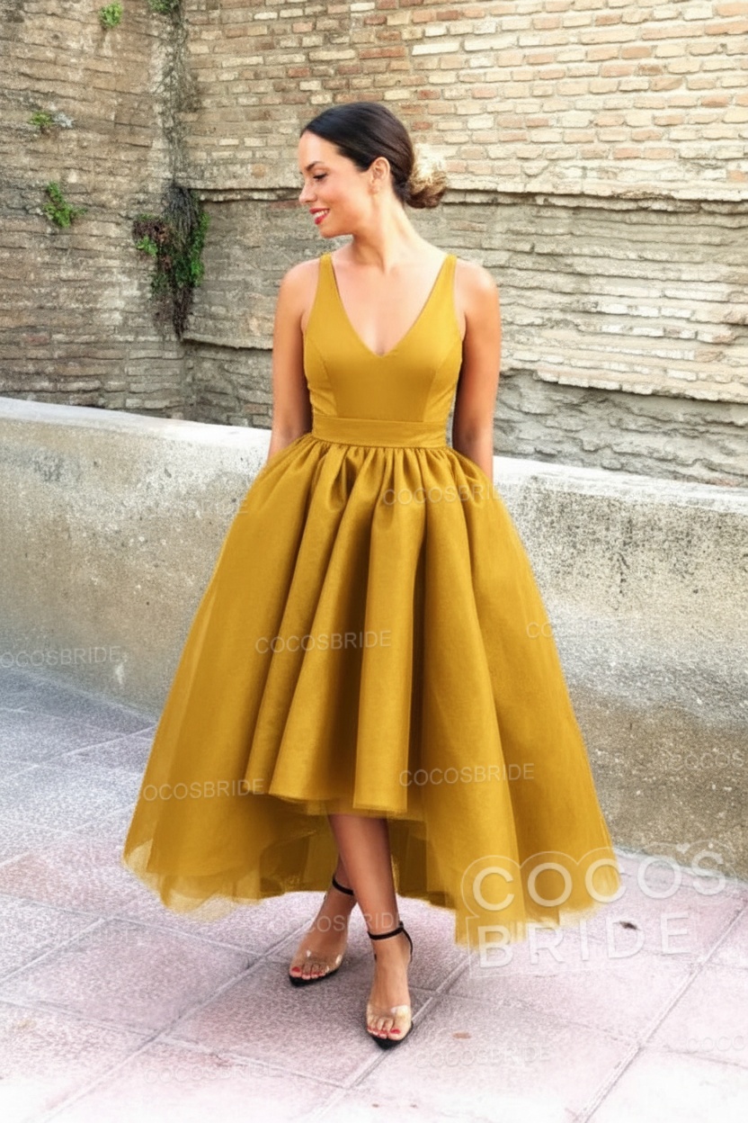 Simple Black V-neck Sleeveless Asymmetrical A-Line Prom Dresses