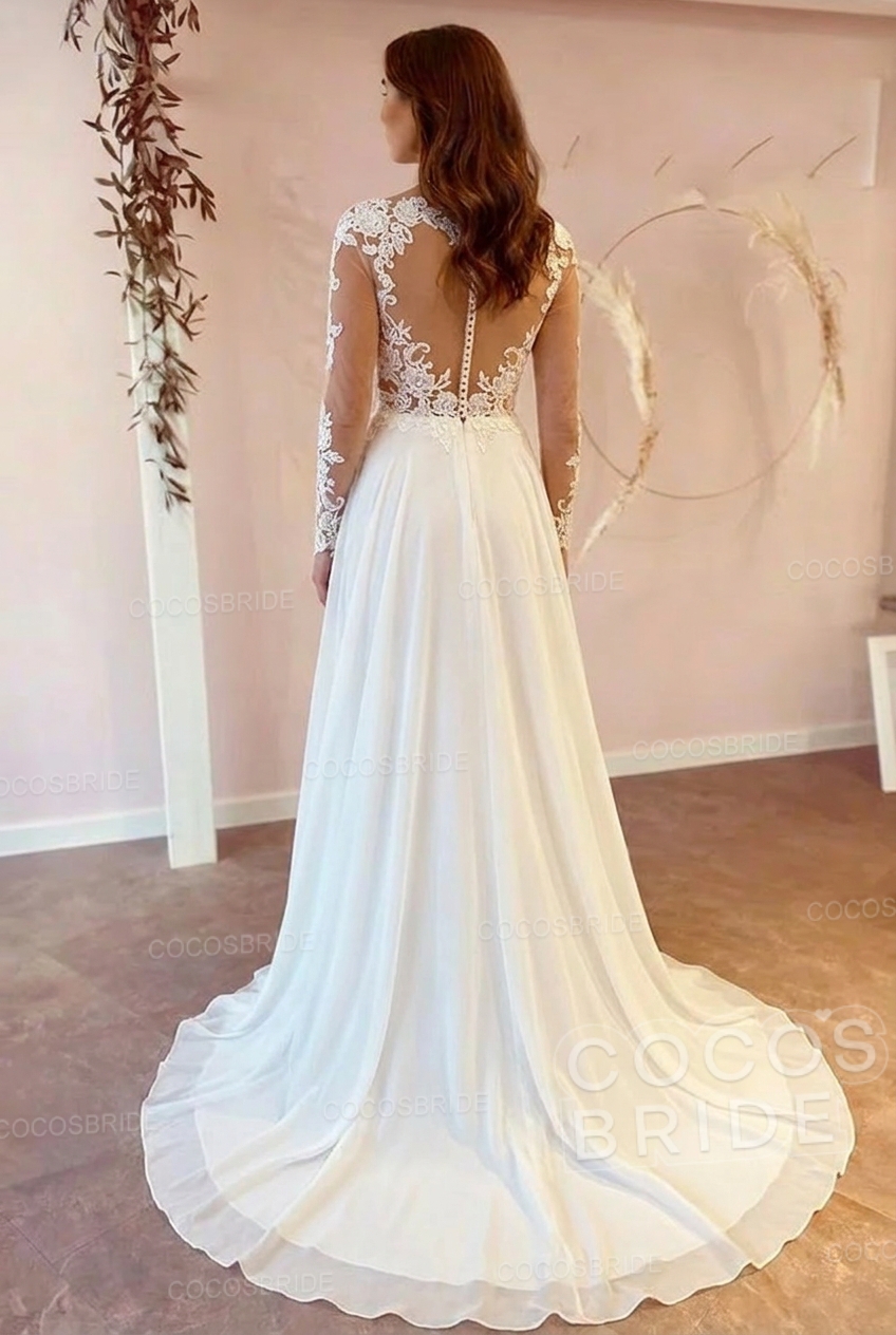 Gorgeous A-line V-Neck Long Sleeves Lace Ruffles Wedding Dresses