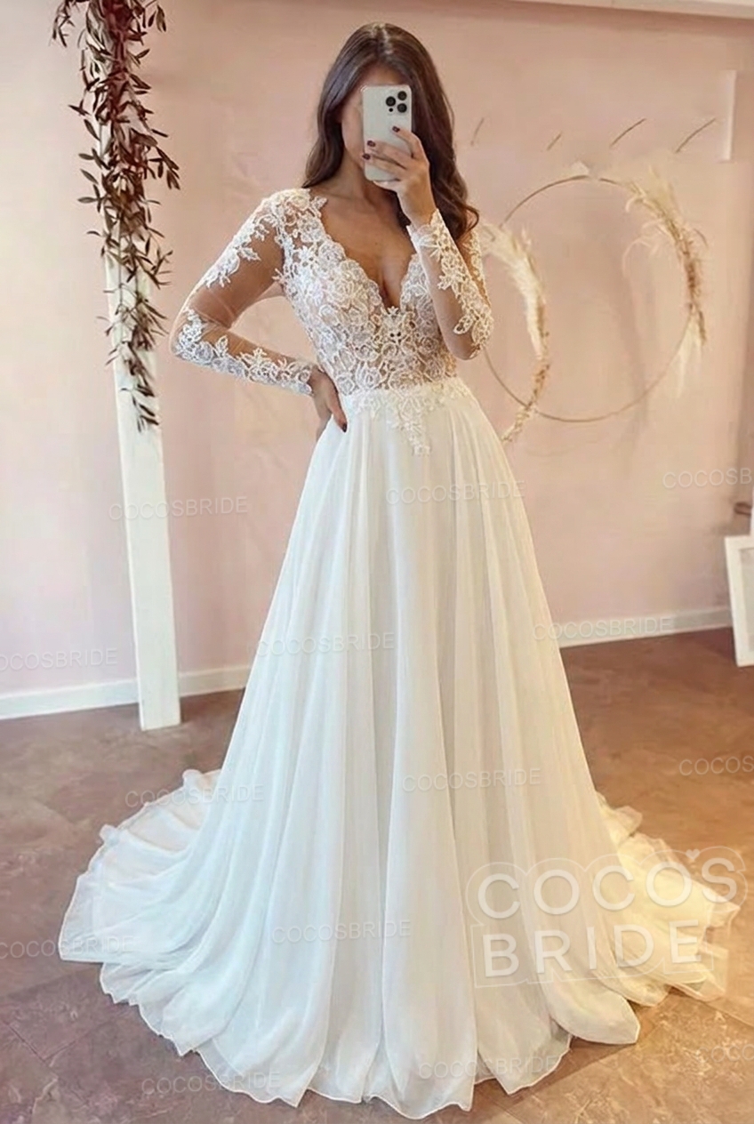 Gorgeous A-line V-Neck Long Sleeves Lace Ruffles Wedding Dresses