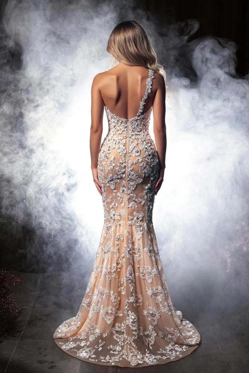 Cocosbride One-Shoulder Lace Mermaid Formal Dress with Crystal