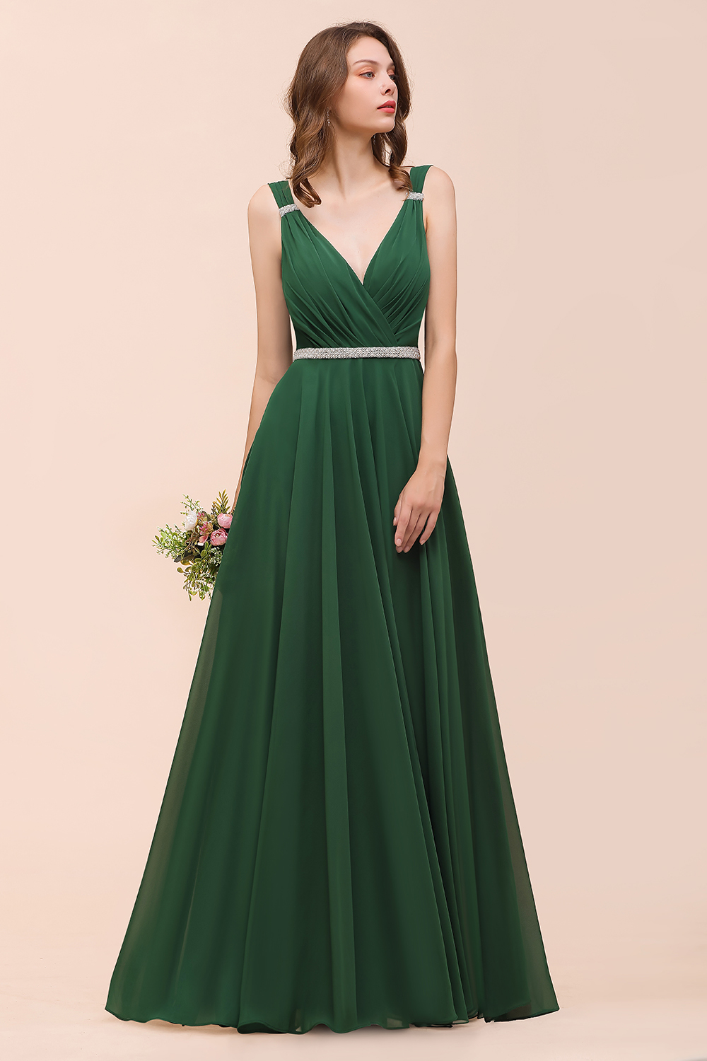 Gorgeous Long A-ine V-Neck Chiffon Bridesmaid Dress with Beading Sash