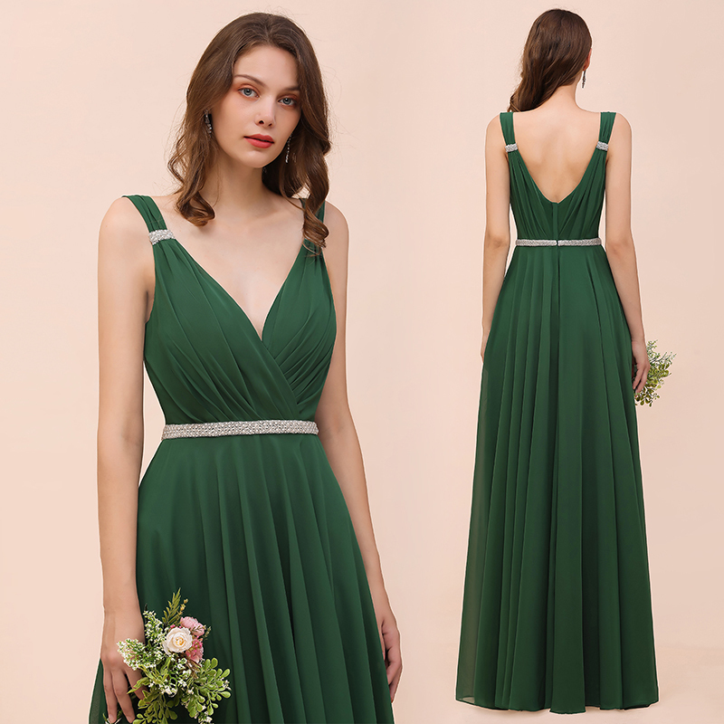 Gorgeous Long A-ine V-Neck Chiffon Bridesmaid Dress with Beading Sash