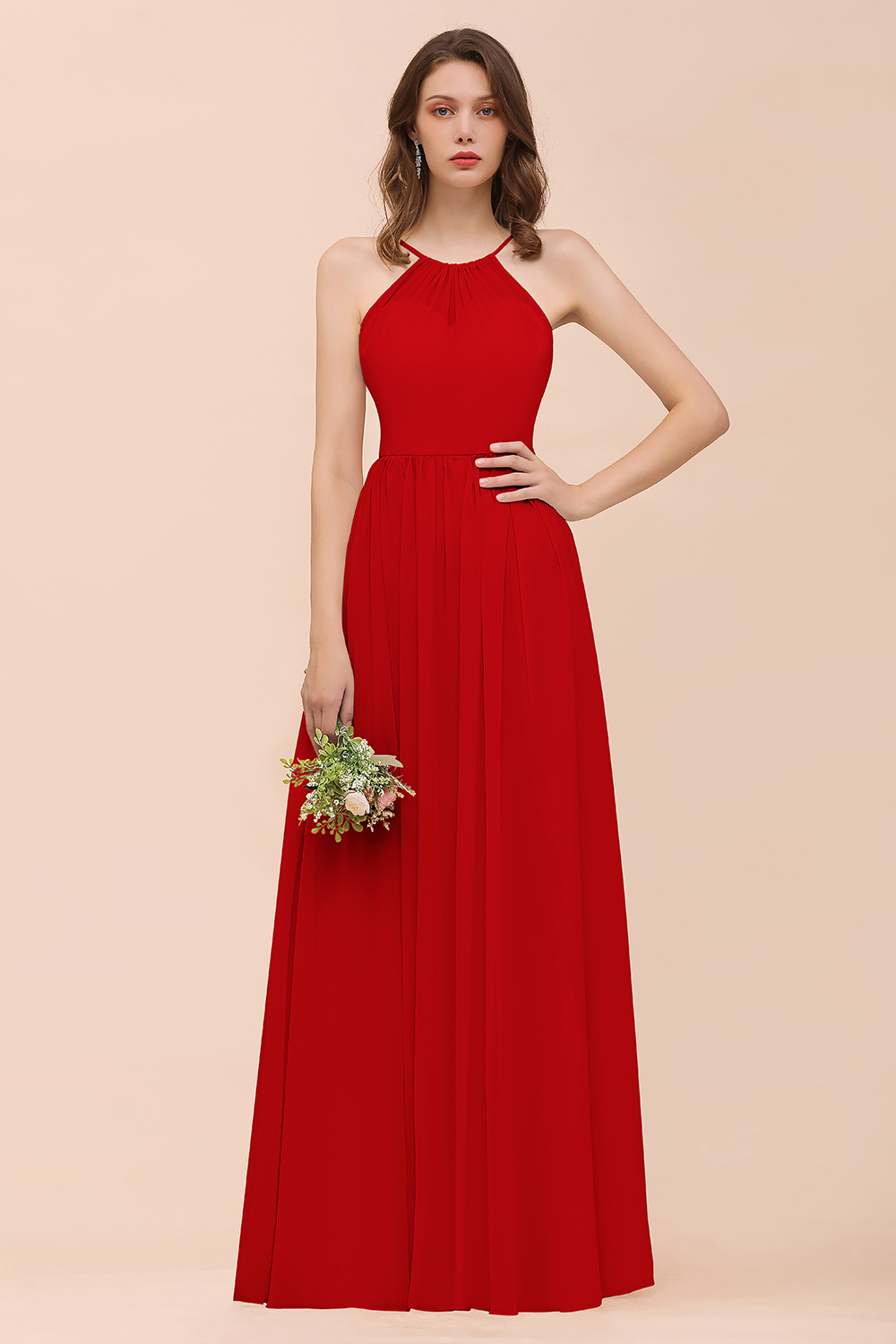 Gorgeous Long A-line Chiffon Halter Ruffle Spaghetti Straps Bridesmaid Dress