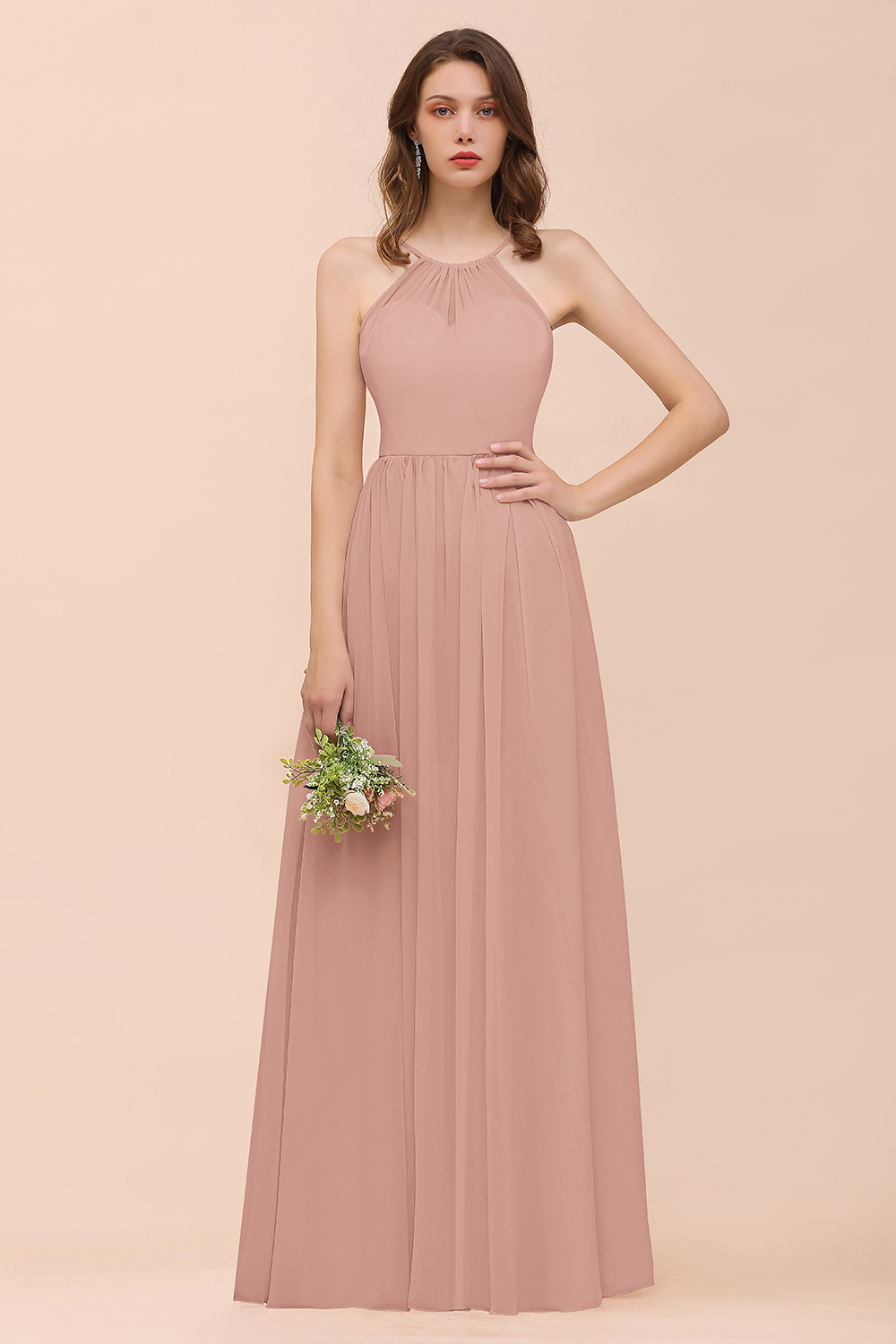 Gorgeous Long A-line Chiffon Halter Ruffle Spaghetti Straps Bridesmaid Dress