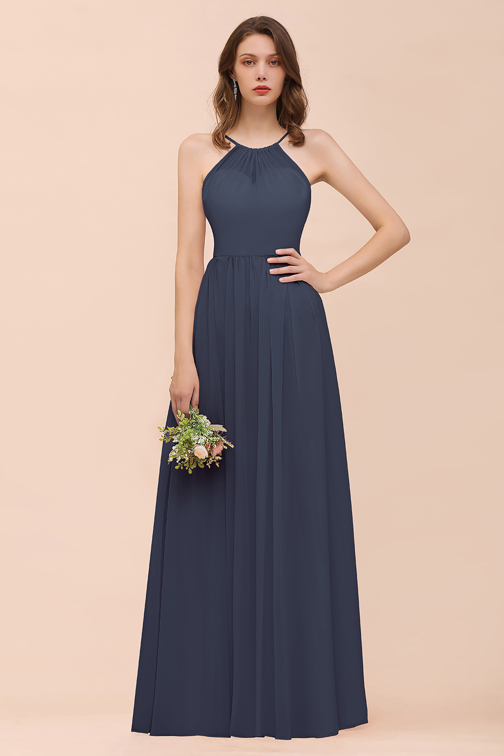 Gorgeous Long A-line Chiffon Halter Ruffle Spaghetti Straps Bridesmaid Dress