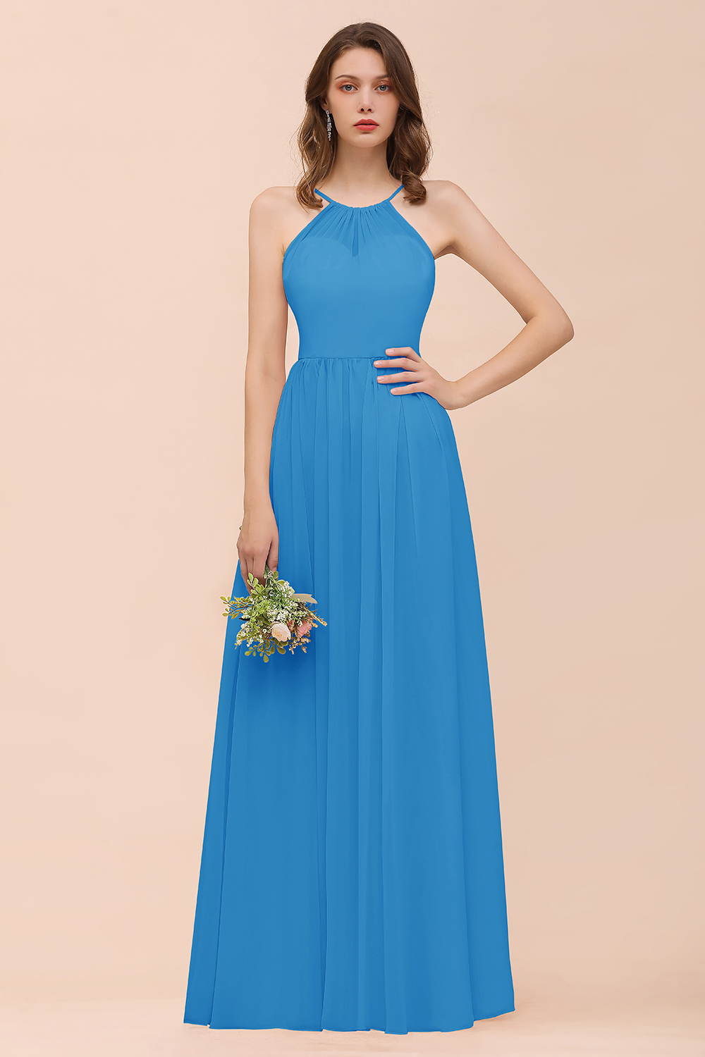 Gorgeous Long A-line Chiffon Halter Ruffle Spaghetti Straps Bridesmaid Dress