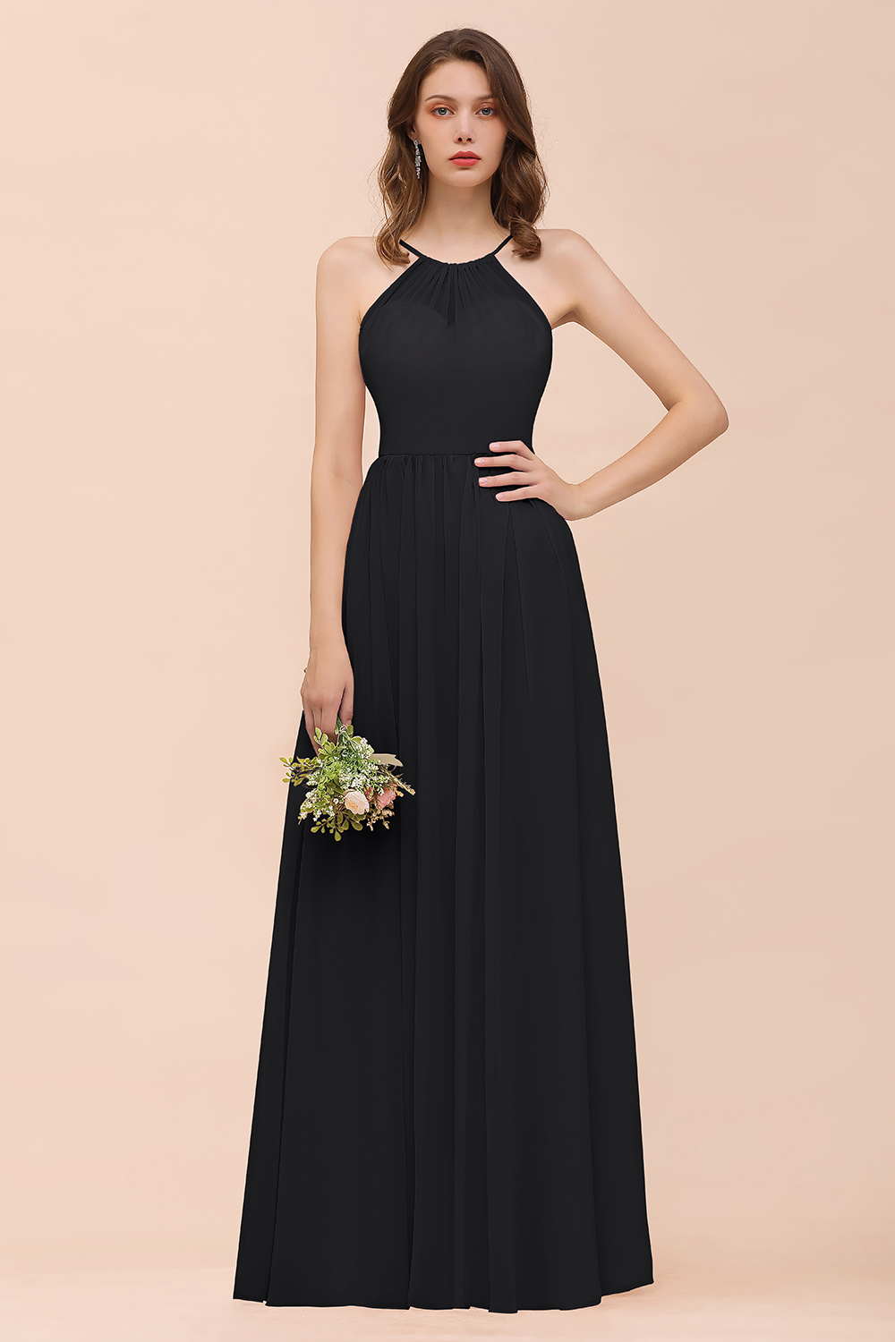 Gorgeous Long A-line Chiffon Halter Ruffle Spaghetti Straps Bridesmaid Dress