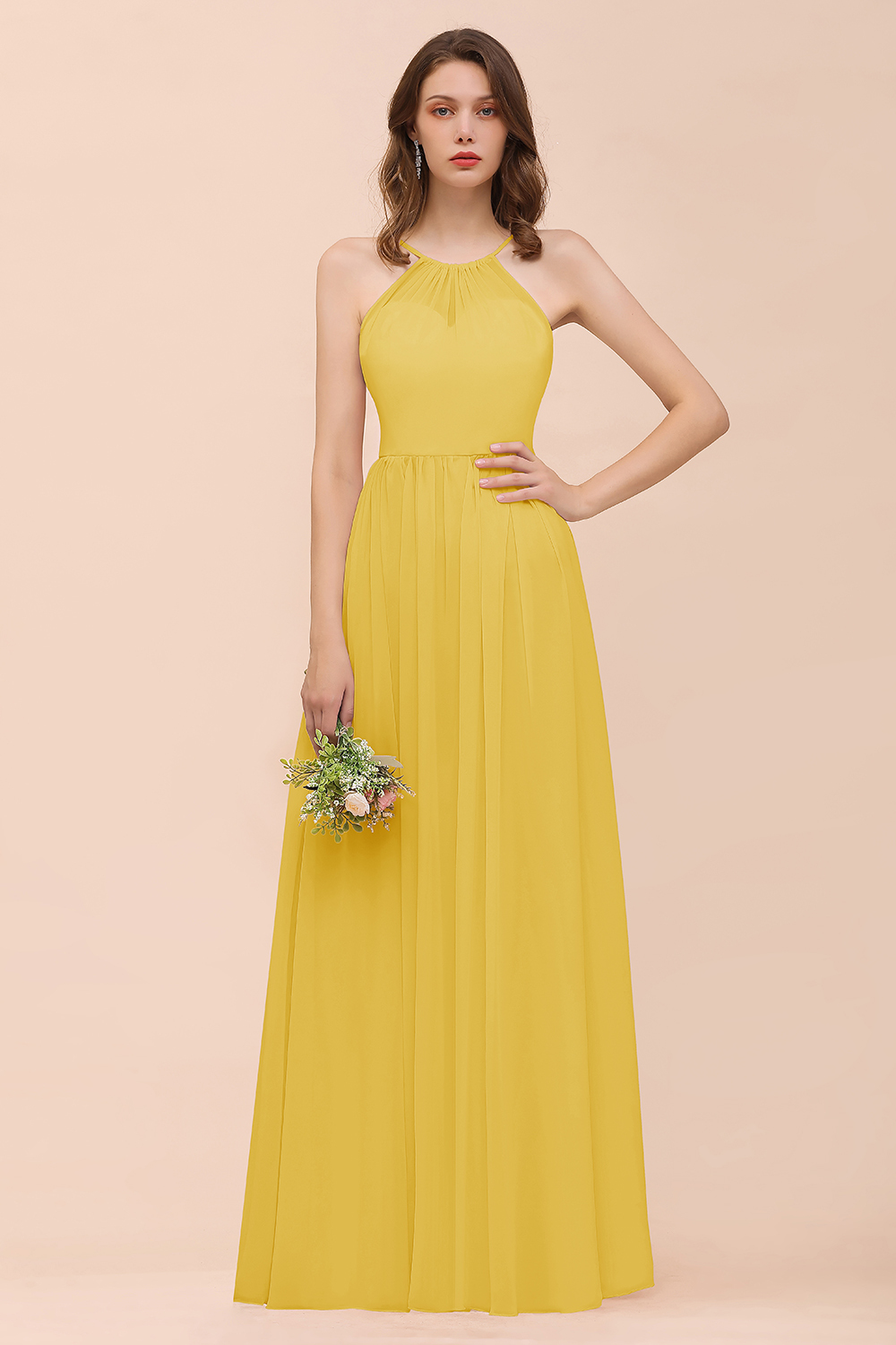 Gorgeous Long A-line Chiffon Halter Ruffle Spaghetti Straps Bridesmaid Dress