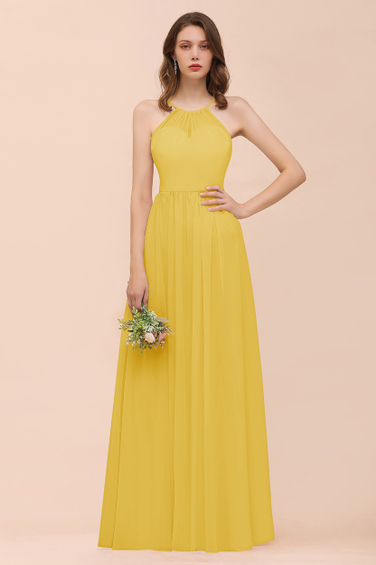 Gorgeous Long A-line Chiffon Halter Ruffle Spaghetti Straps Bridesmaid Dress