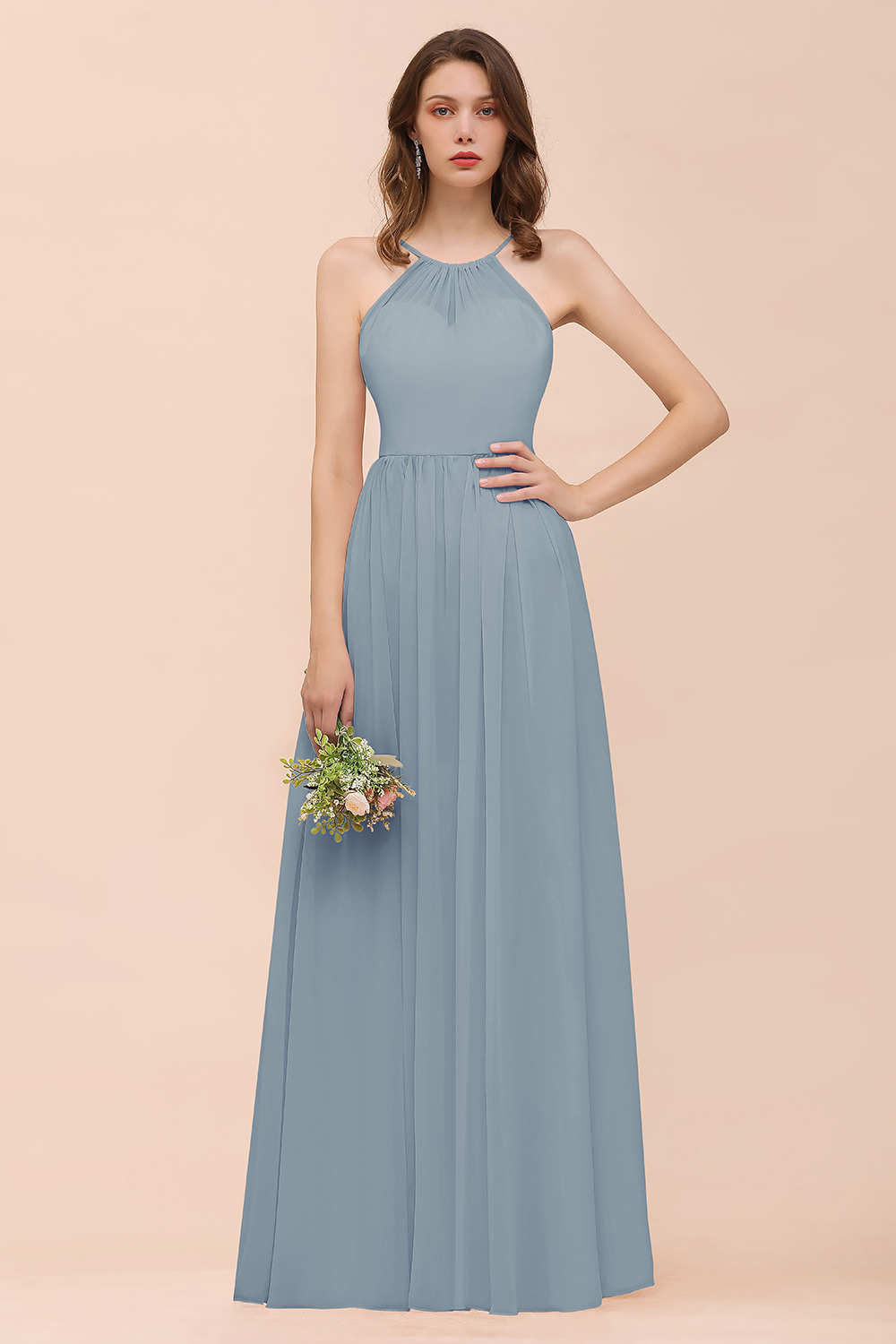 Gorgeous Long A-line Chiffon Halter Ruffle Spaghetti Straps Bridesmaid Dress