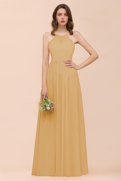 Gorgeous Long A-line Chiffon Halter Ruffle Spaghetti Straps Bridesmaid Dress