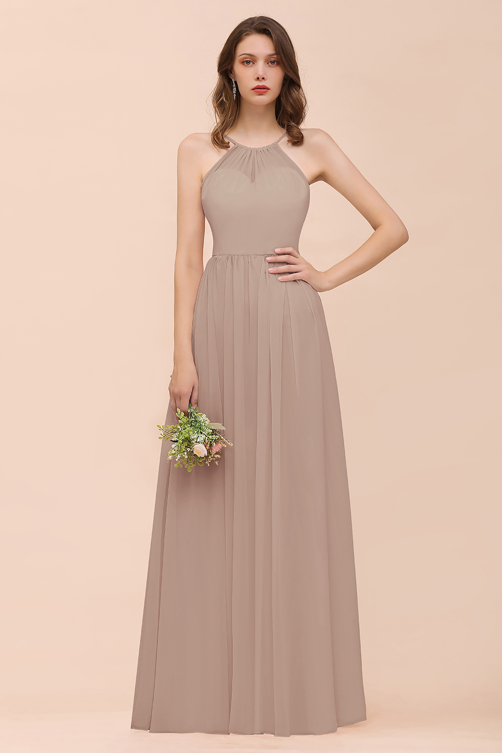 Gorgeous Long A-line Chiffon Halter Ruffle Spaghetti Straps Bridesmaid Dress