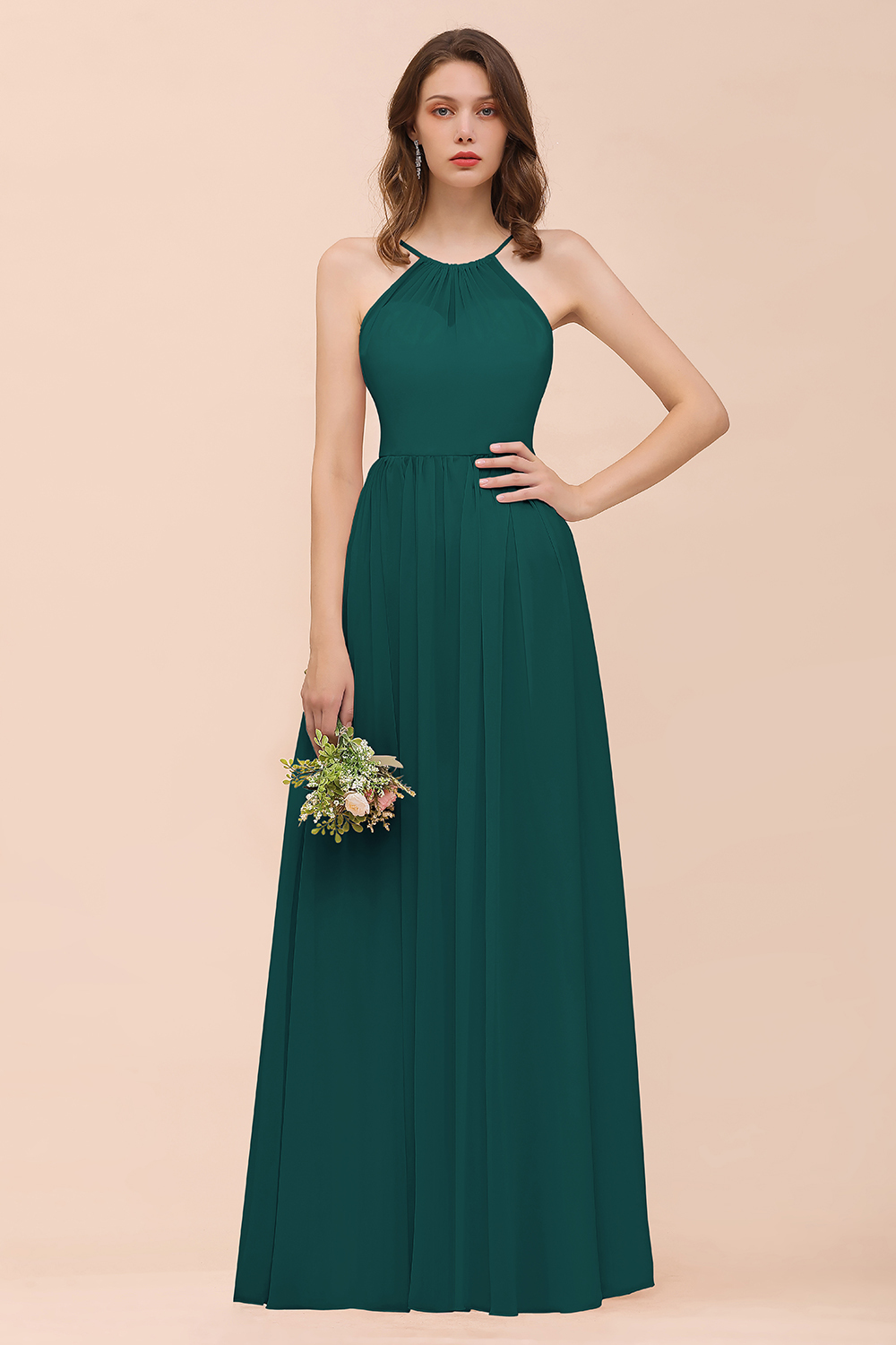 Gorgeous Long A-line Chiffon Halter Ruffle Spaghetti Straps Bridesmaid Dress