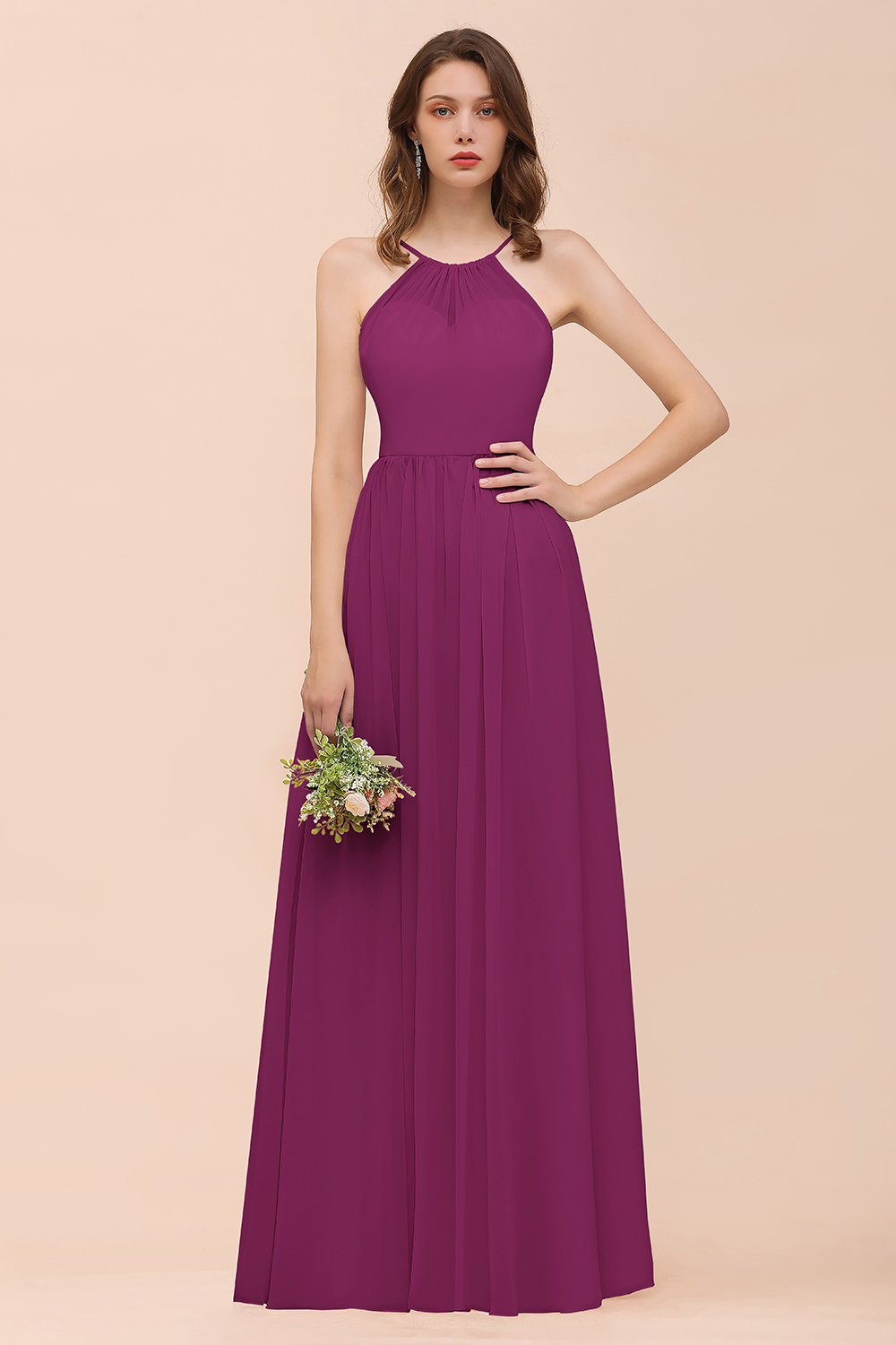 Gorgeous Long A-line Chiffon Halter Ruffle Spaghetti Straps Bridesmaid Dress