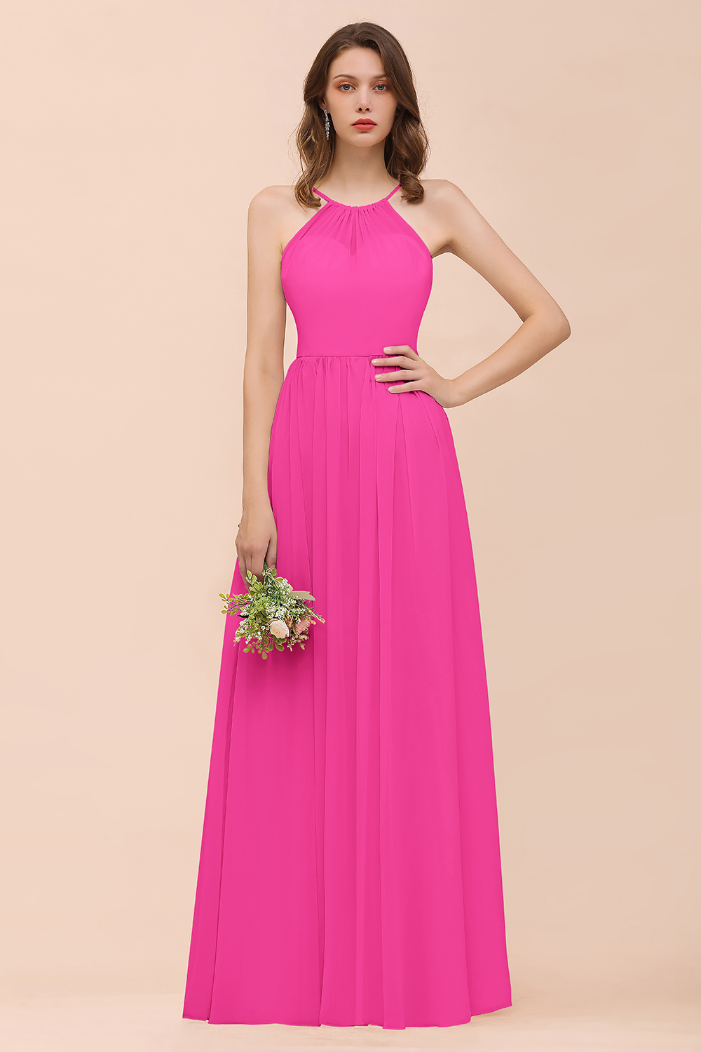 Gorgeous Long A-line Chiffon Halter Ruffle Spaghetti Straps Bridesmaid Dress