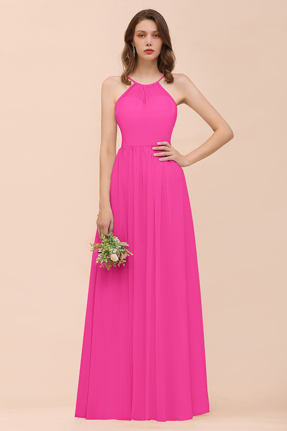 Gorgeous Long A-line Chiffon Halter Ruffle Spaghetti Straps Bridesmaid Dress