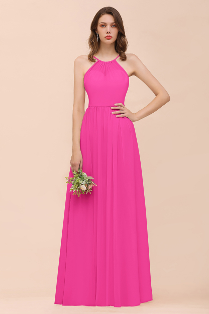Gorgeous Long A-line Chiffon Halter Ruffle Spaghetti Straps Bridesmaid Dress