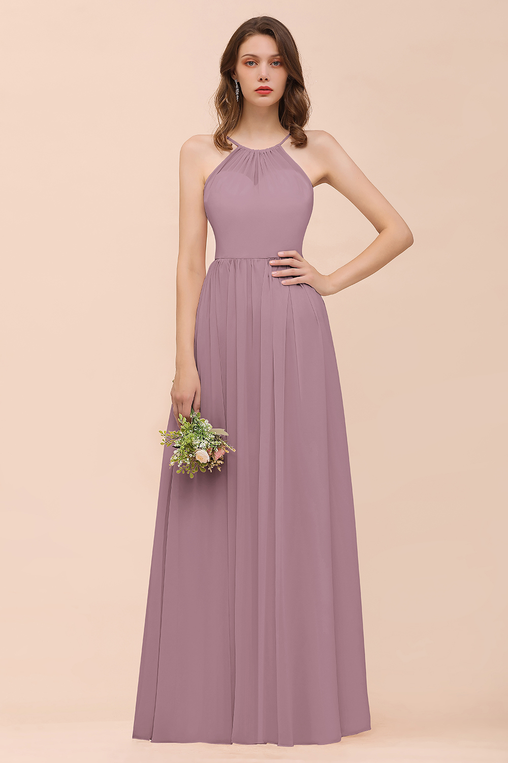 Gorgeous Long A-line Chiffon Halter Ruffle Spaghetti Straps Bridesmaid Dress