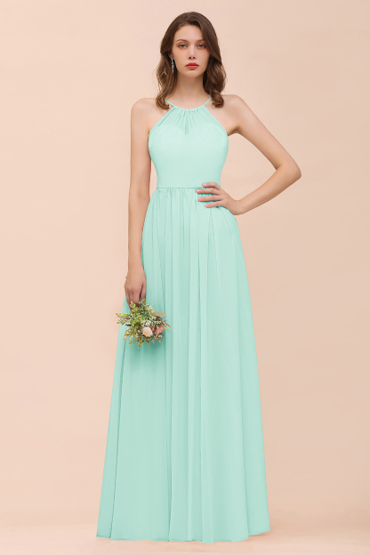 Gorgeous Long A-line Chiffon Halter Ruffle Spaghetti Straps Bridesmaid Dress