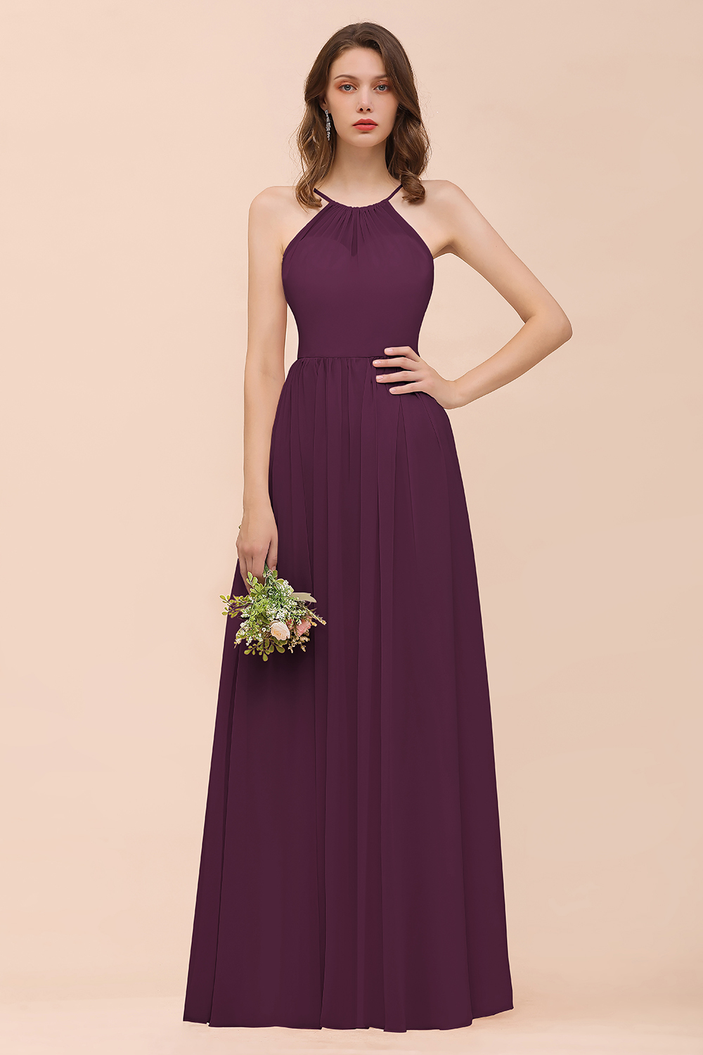 Gorgeous Long A-line Chiffon Halter Ruffle Spaghetti Straps Bridesmaid Dress