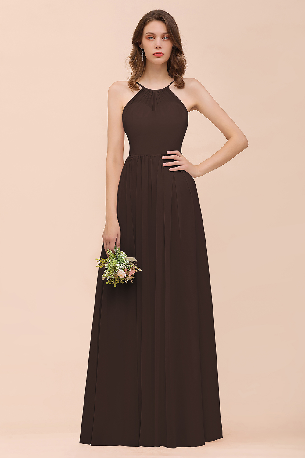 Gorgeous Long A-line Chiffon Halter Ruffle Spaghetti Straps Bridesmaid Dress