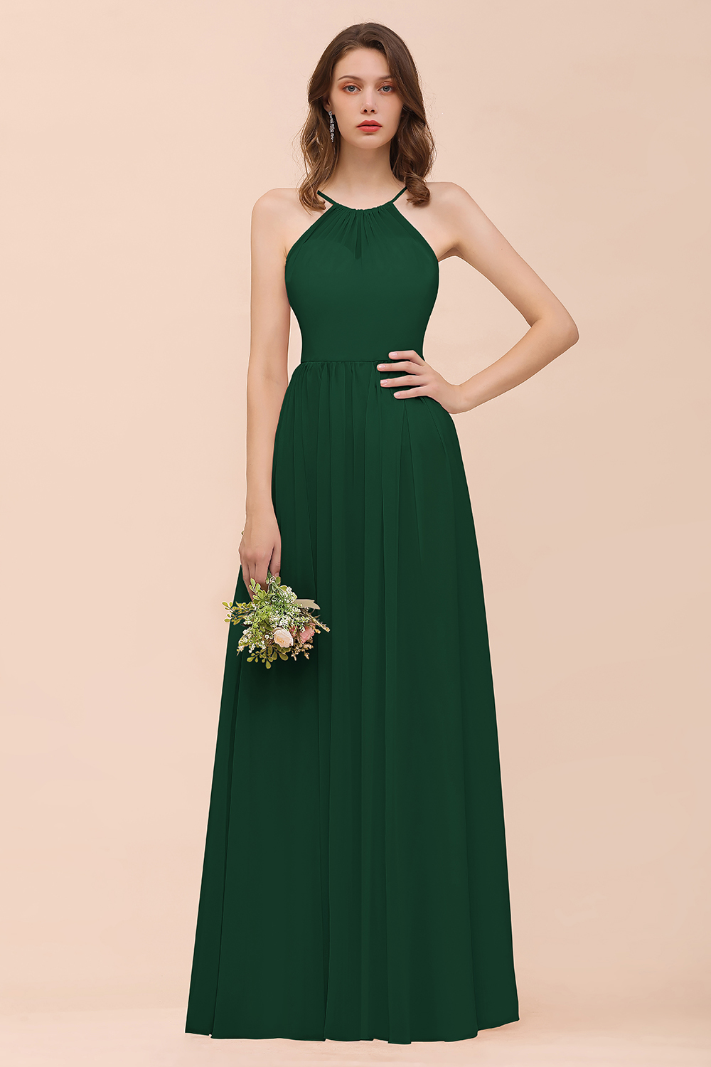 Gorgeous Long A-line Chiffon Halter Ruffle Spaghetti Straps Bridesmaid Dress