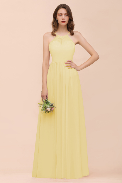 Gorgeous Long A-line Chiffon Halter Ruffle Spaghetti Straps Bridesmaid Dress