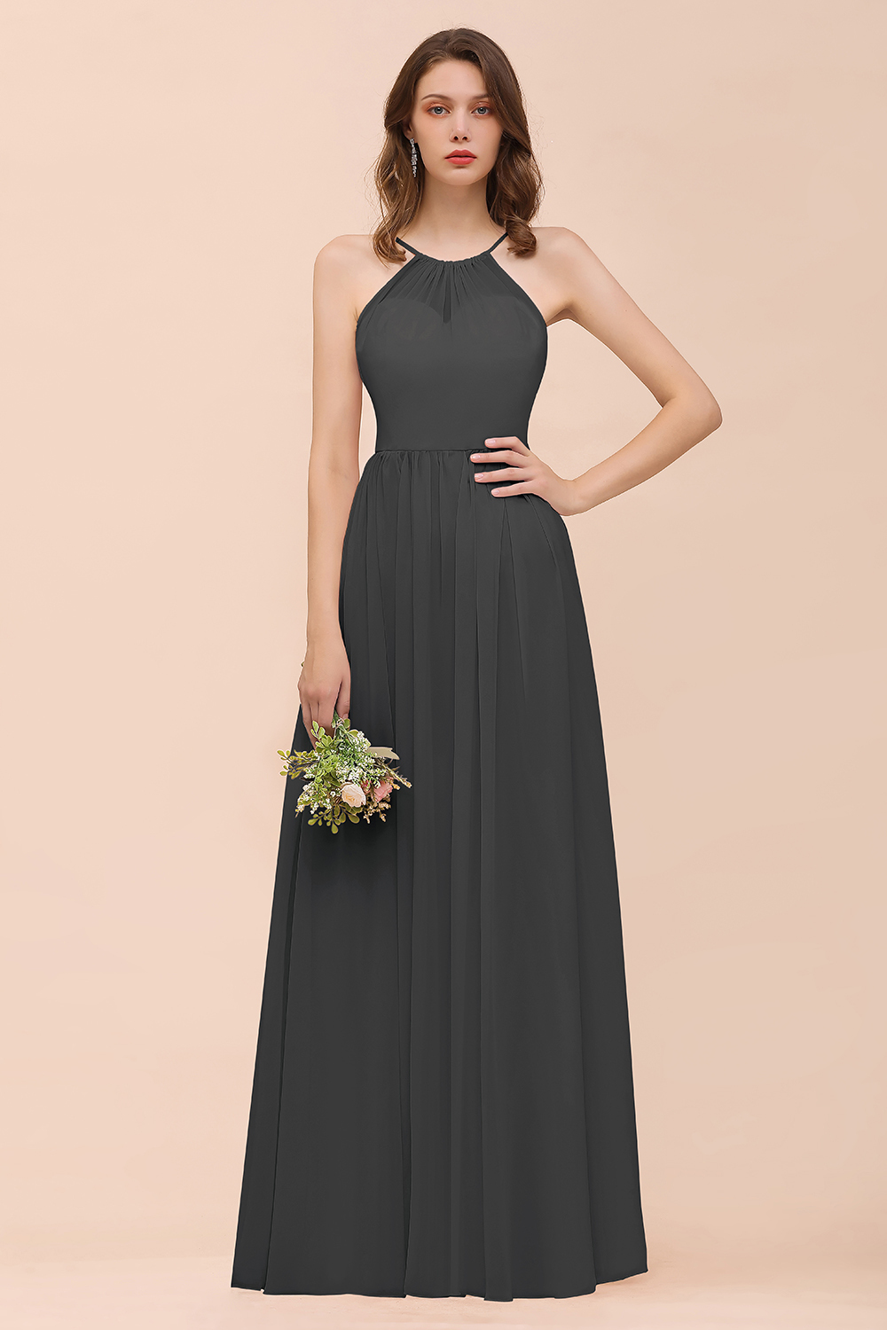 Gorgeous Long A-line Chiffon Halter Ruffle Spaghetti Straps Bridesmaid Dress