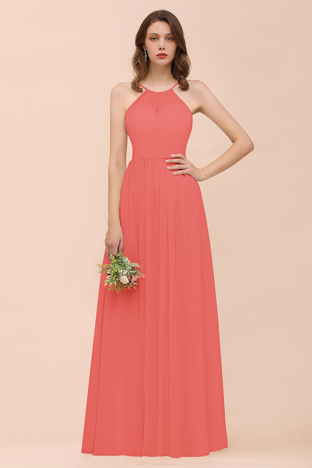 Gorgeous Long A-line Chiffon Halter Ruffle Spaghetti Straps Bridesmaid Dress