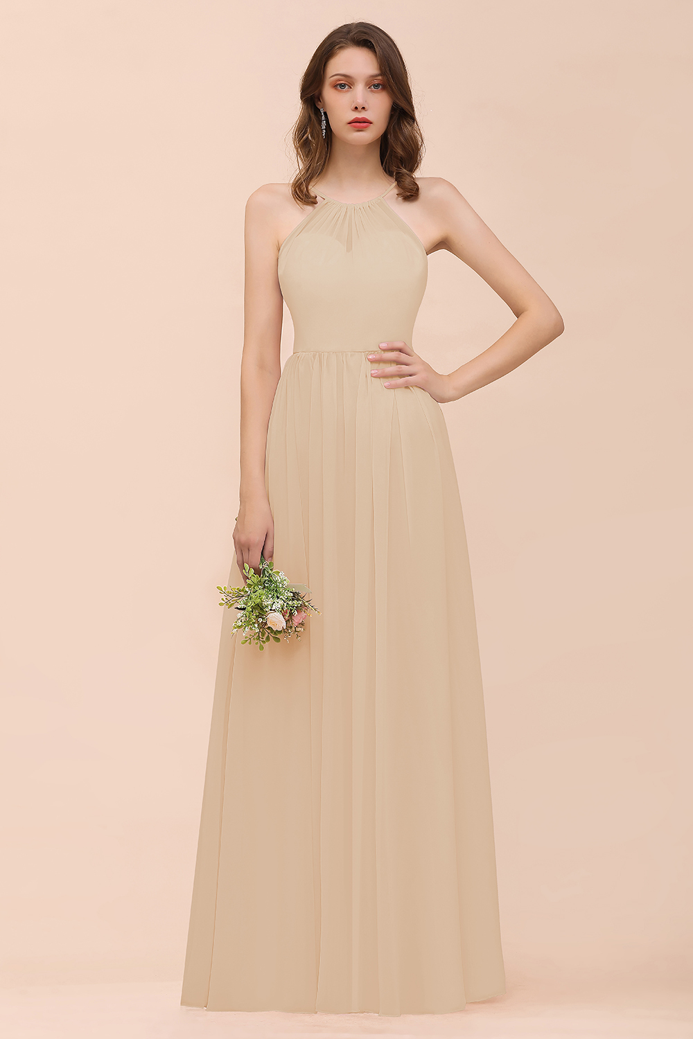 Gorgeous Long A-line Chiffon Halter Ruffle Spaghetti Straps Bridesmaid Dress