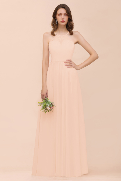 Gorgeous Long A-line Chiffon Halter Ruffle Spaghetti Straps Bridesmaid Dress