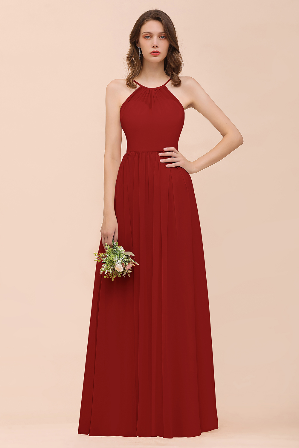 Gorgeous Long A-line Chiffon Halter Ruffle Spaghetti Straps Bridesmaid Dress