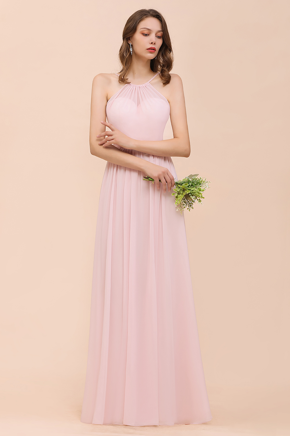 Gorgeous Long A-line Chiffon Halter Ruffle Spaghetti Straps Bridesmaid Dress