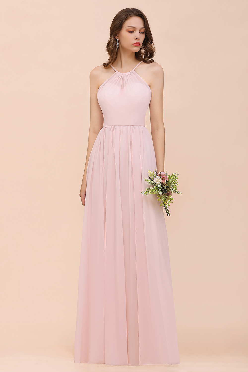 Gorgeous Long A-line Chiffon Halter Ruffle Spaghetti Straps Bridesmaid Dress