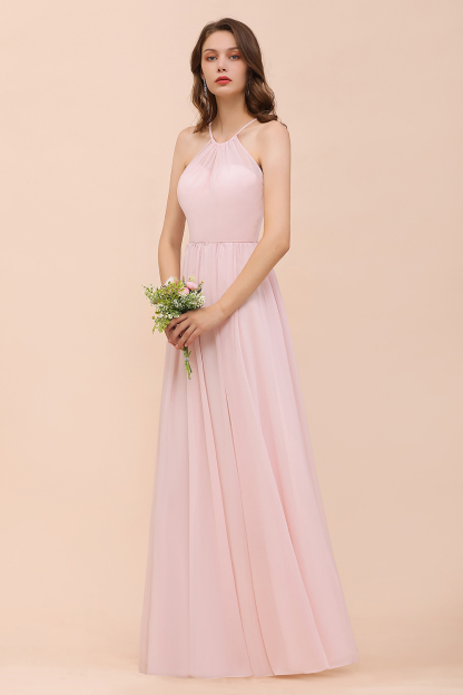 Gorgeous Long A-line Chiffon Halter Ruffle Spaghetti Straps Bridesmaid Dress