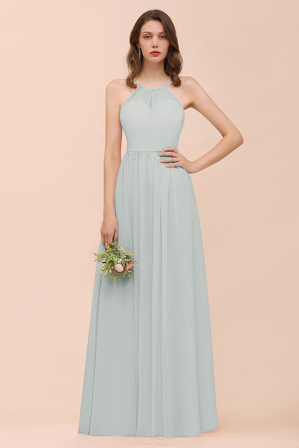 Gorgeous Long A-line Chiffon Halter Ruffle Spaghetti Straps Bridesmaid Dress