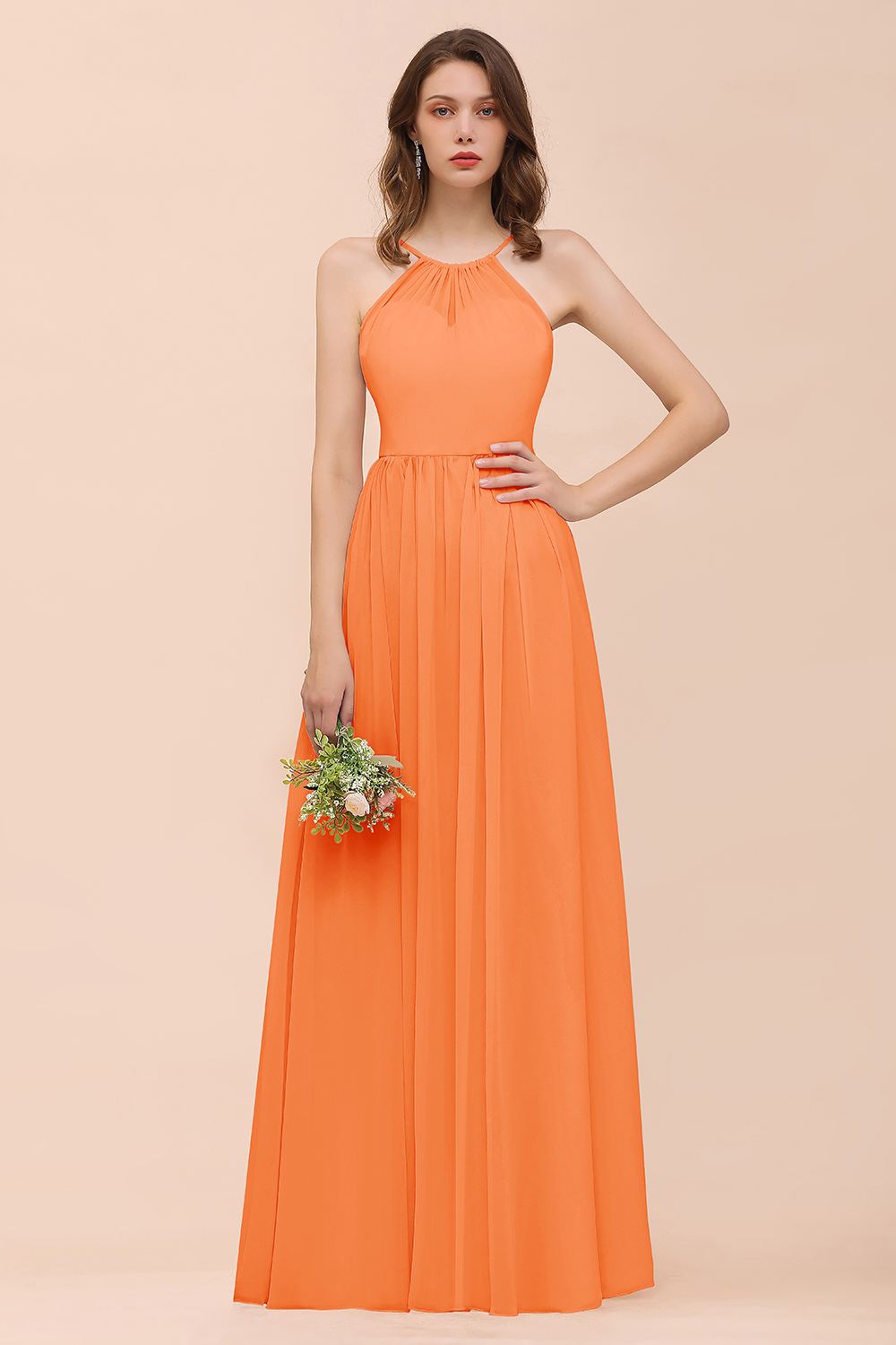Gorgeous Long A-line Chiffon Halter Ruffle Spaghetti Straps Bridesmaid Dress