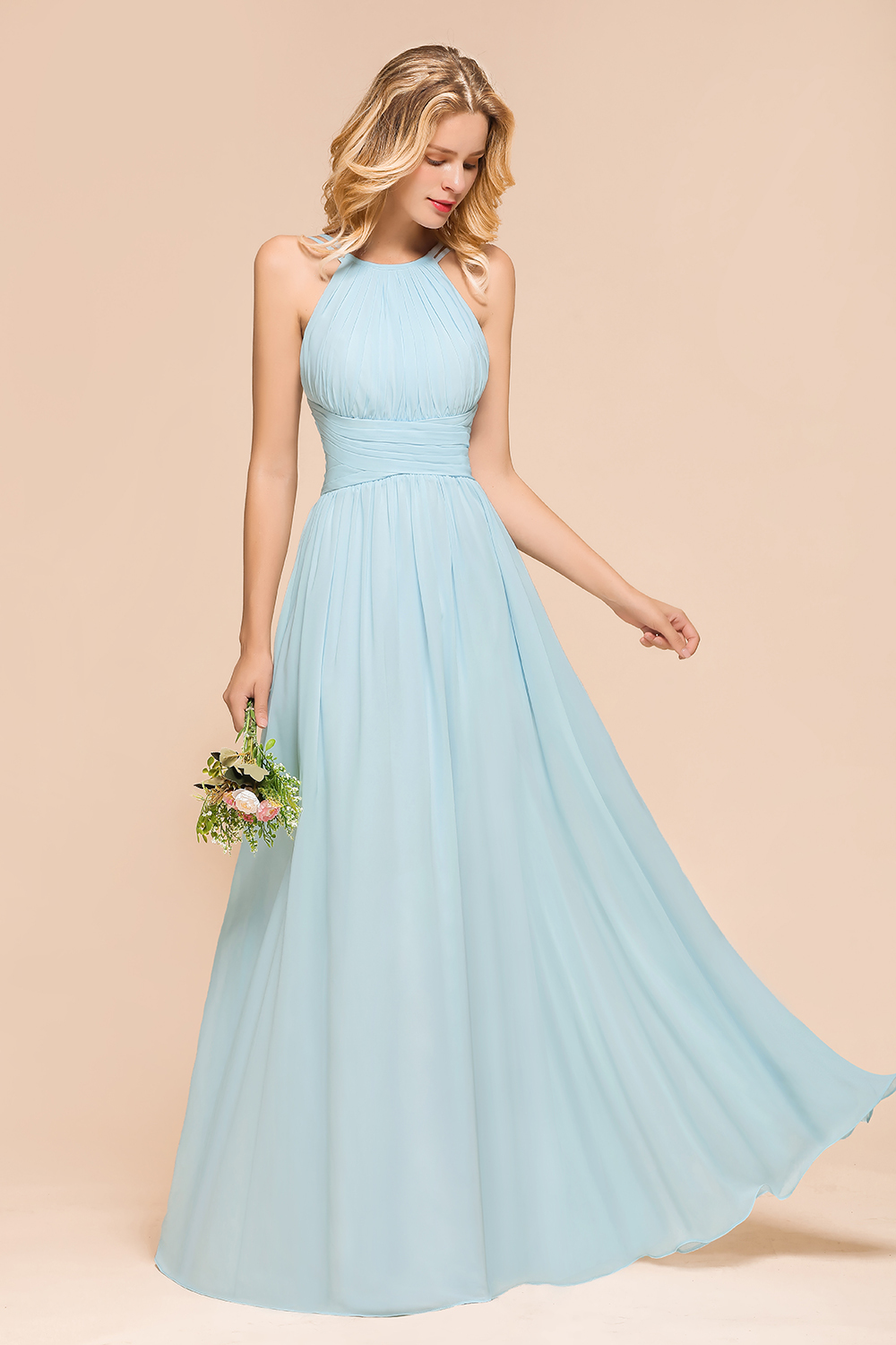 Gorgeous Long A-line Halter Chiffon Sky Blue Bridemaid Dress with Ruffle