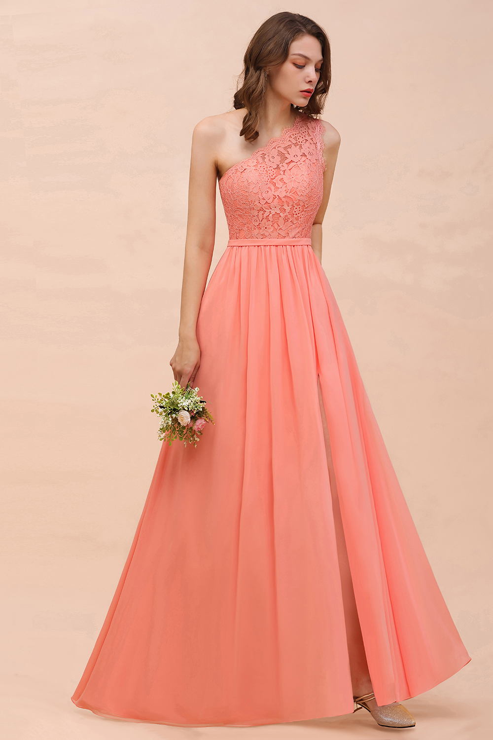 Gorgeous Long A-line One Shoulder Lace Coral Chiffon Bridesmaid Dress with Slit