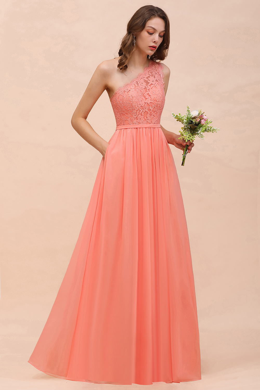Gorgeous Long A-line One Shoulder Lace Coral Chiffon Bridesmaid Dress with Slit