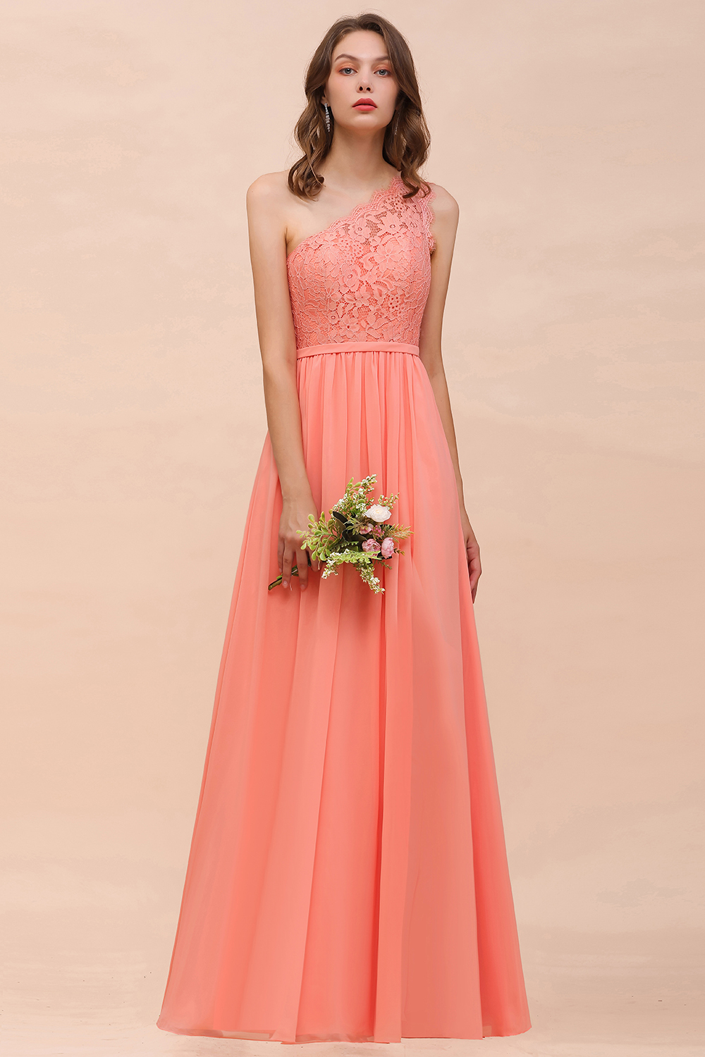 Gorgeous Long A-line One Shoulder Lace Coral Chiffon Bridesmaid Dress with Slit