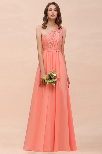Gorgeous Long A-line One Shoulder Lace Coral Chiffon Bridesmaid Dress with Slit