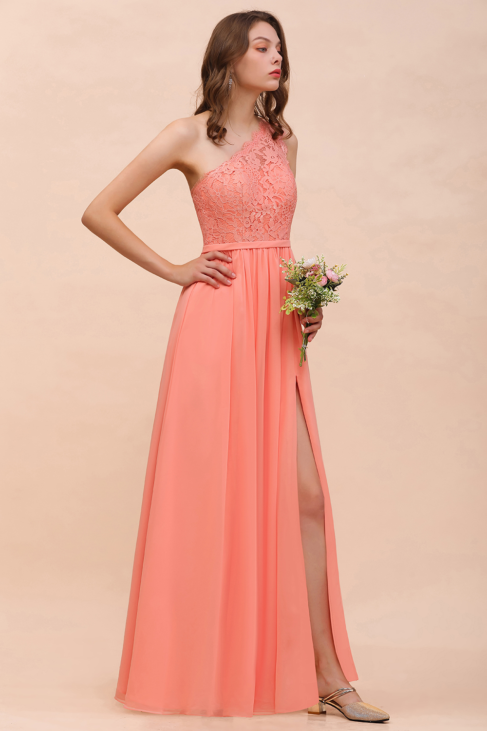 Gorgeous Long A-line One Shoulder Lace Coral Chiffon Bridesmaid Dress with Slit