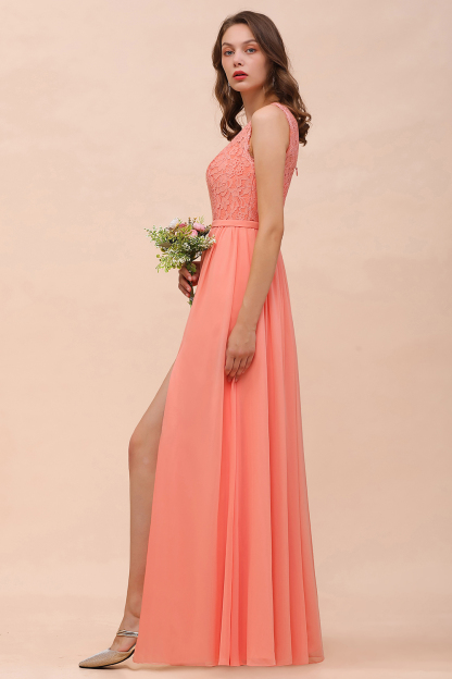 Gorgeous Long A-line One Shoulder Lace Coral Chiffon Bridesmaid Dress with Slit