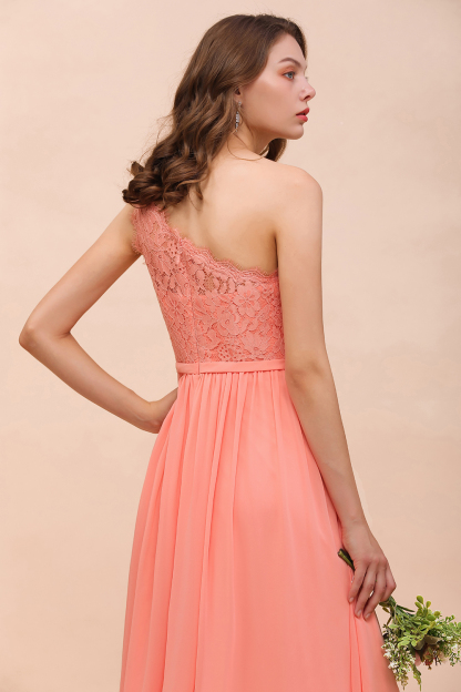 Gorgeous Long A-line One Shoulder Lace Coral Chiffon Bridesmaid Dress with Slit