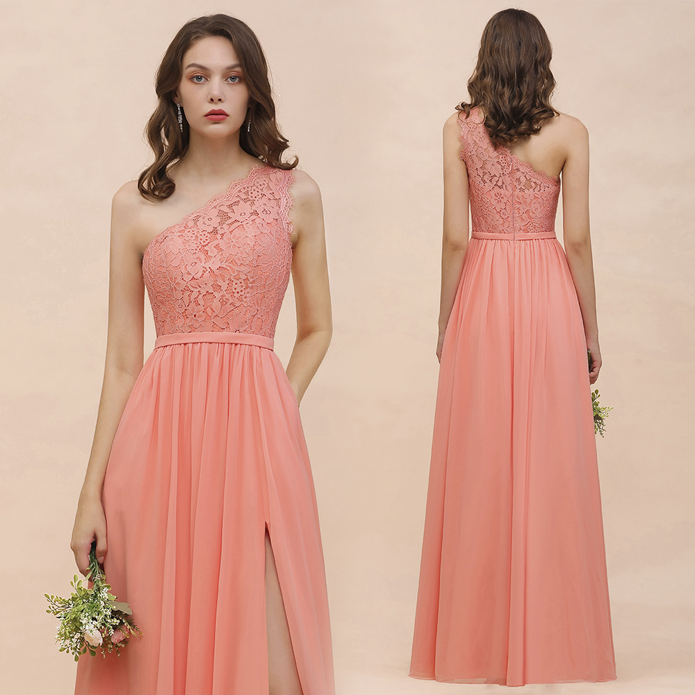 Gorgeous Long A-line One Shoulder Lace Coral Chiffon Bridesmaid Dress with Slit