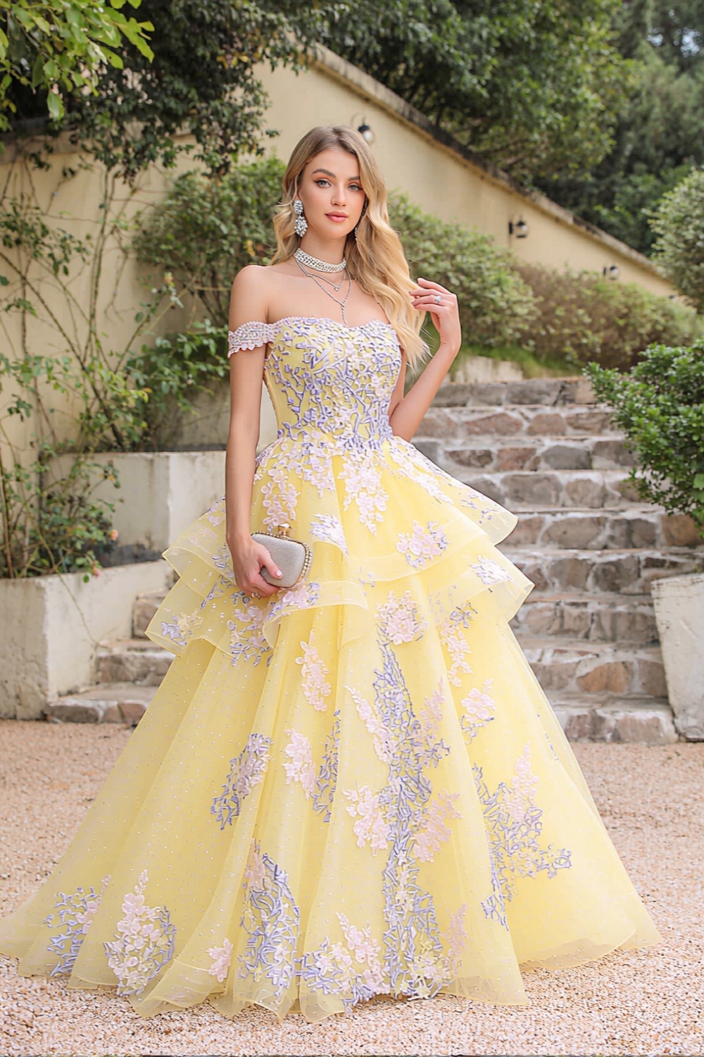 Gorgeous Long Ball Gown Off the Shoulder Tulle Lace-up Prom Dress With Lace Appliques