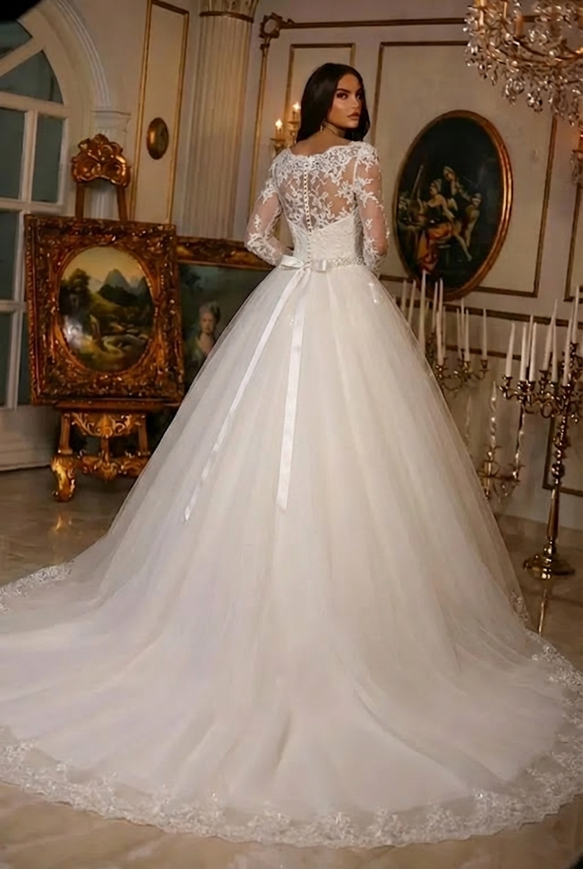 Gorgeous Long Lace Half Sleeves Covered Button Ball Gown Wedding Dress